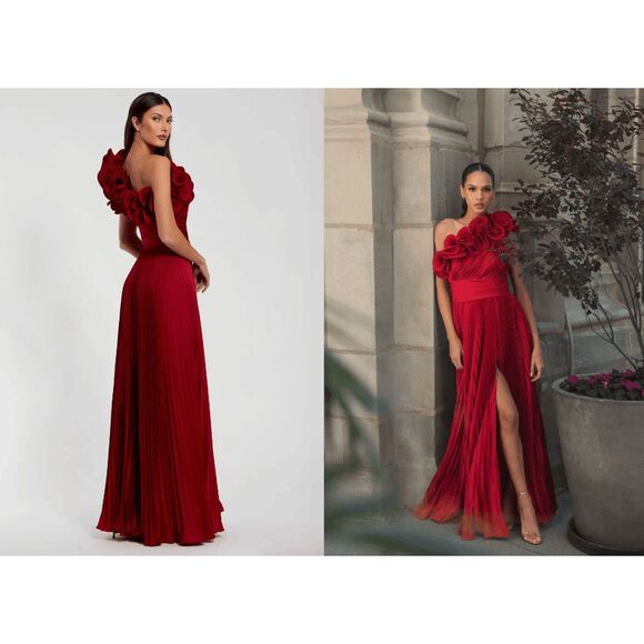 NWT Ieena for Mac Duggal Red Pleated Charmeuse One Shoulder Ruffle Gown Size 12 - Picture 2 of 9